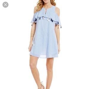 Boho White & Blue Striped Seersucker Cold Shoulder Tassel Mini Dress Size Small